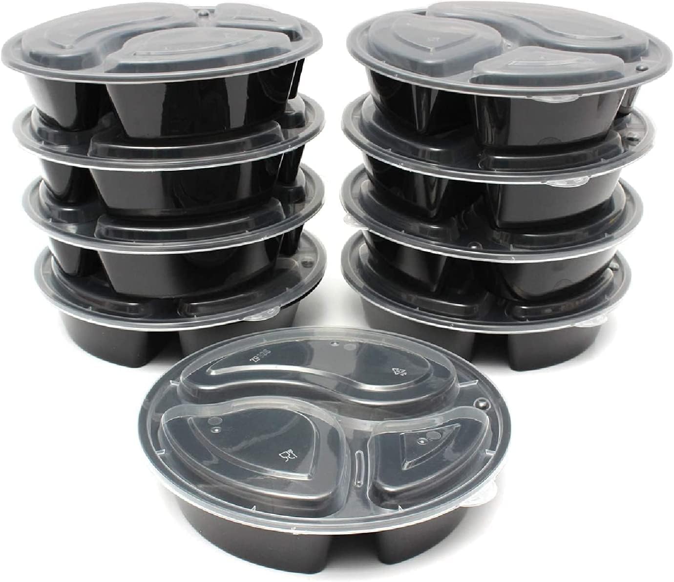 48oz - 3 Compartment - Disposable Black Meal Prep/Bento Box with Clear Dome Lids - Round Plastic Meal Containers - Reusable Box : Perfect For Salad, Meal Prep and Fruits : Set of 10