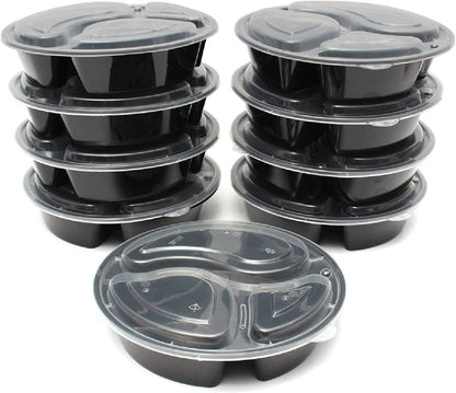 48oz - 3 Compartment - Disposable Black Meal Prep/Bento Box with Clear Dome Lids - Round Plastic Meal Containers - Reusable Box : Perfect For Salad, Meal Prep and Fruits : Set of 10