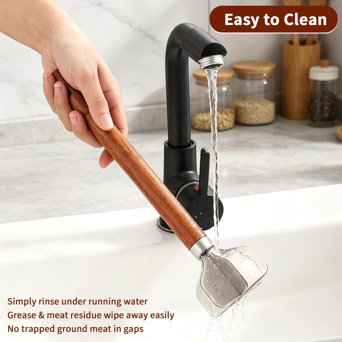 Kyraton Meat Chopper, Stainless Steel Hamburger Grinder With Wood Handle, Premium Heat Resistant Smasher for Ground Beef, Burger Potato Masher Mix Tool, Meat & Poultry Tenderizers