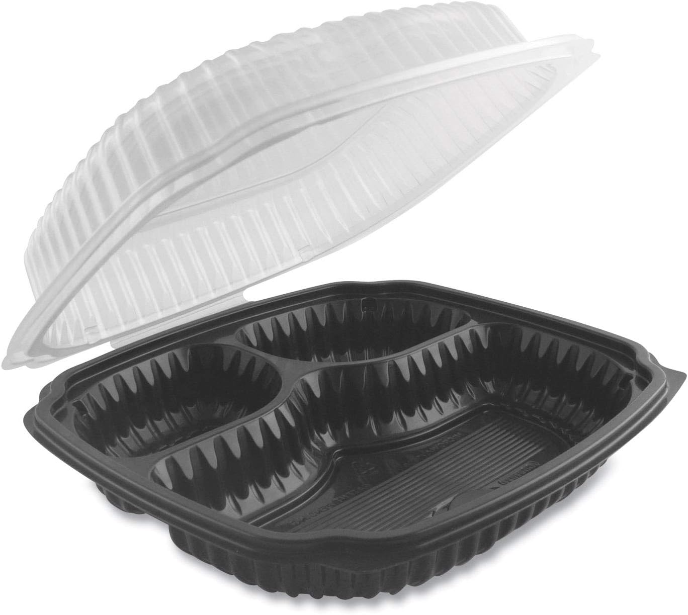 Anchor Packaging Culinary Lites Microwavable 3-Compartment Container, 20 oz/5 oz/ 5 oz, 9 x 9 x 3.13, Clear/Black, Plastic, 100/Carton