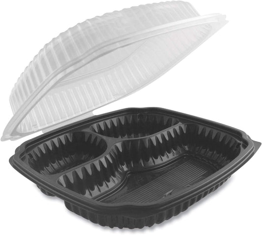 Anchor Packaging Culinary Lites Microwavable 3-Compartment Container, 20 oz/5 oz/ 5 oz, 9 x 9 x 3.13, Clear/Black, Plastic, 100/Carton