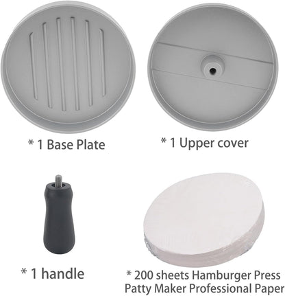 Aluminum Burger Press Patty Maker with 200 Non-Stick Papers - Commercial & Home Use, Hamburger Meat Press Tool, Dishwasher Safe (Black)