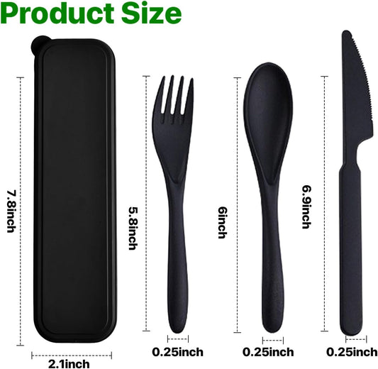 Travel Utensils with Case, 2 Sets Reusable Utensils Set with Case, Wheat Straw Utensils for Lunch Box Accessories, Camping Utensil Set for School Work Lunch or Daily Use（Black）