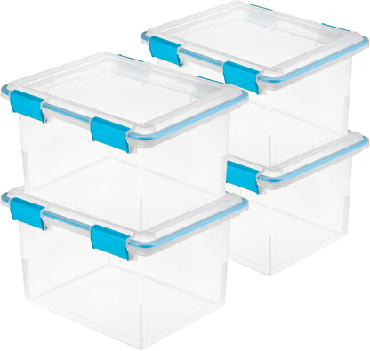 Sterilite 80 Qt Gasket Box, Stackable Storage Bin with Latching Lid and Tight Seal, Plastic Container to Organize Basement, Clear Base and Lid, 1-Pack