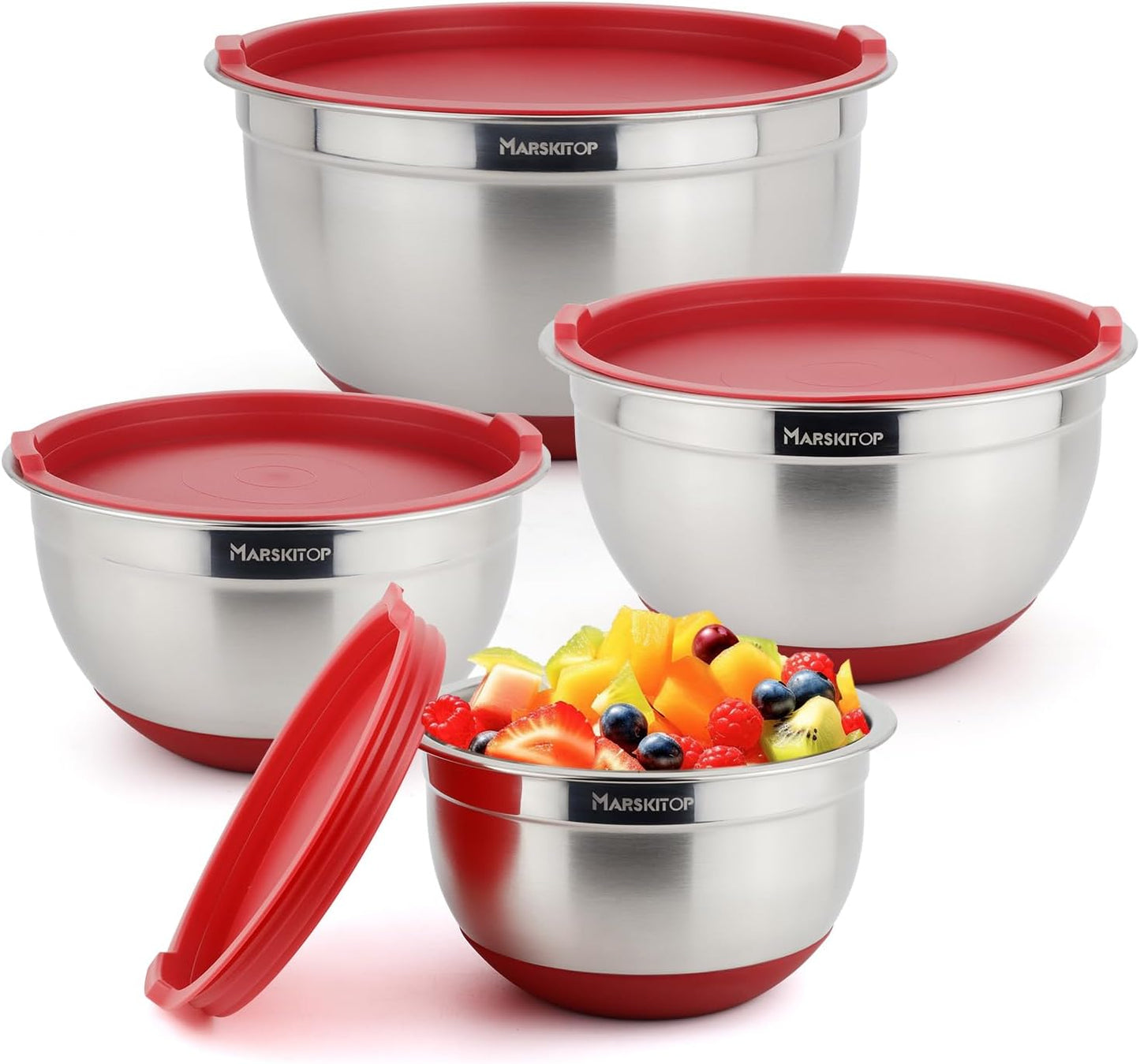 MARSKITOP Stainless Steel Mixing Bowls with Lids Set, Nesting Mixing Bowls with Airtight Lids, Measurement Marks and Red Non-Slip Bottoms, Great for Mixing and Serving, 3QT & 5QT