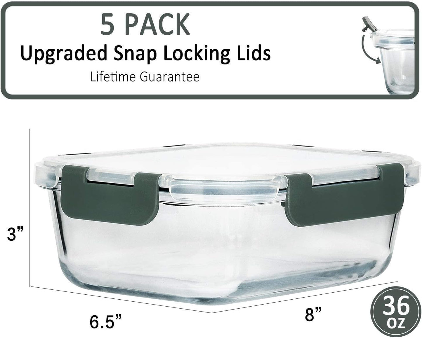 MCIRCO 36oz Single Compartment Glass Meal Prep Containers set of 5 and 36oz 2 Compartments Portion Control Glass Meal Prep Containers set of 5