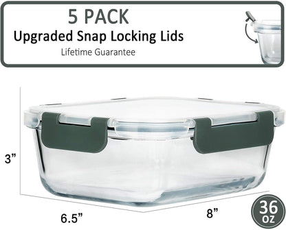 MCIRCO 36oz Single Compartment Glass Meal Prep Containers set of 5 and 36oz 2 Compartments Portion Control Glass Meal Prep Containers set of 5