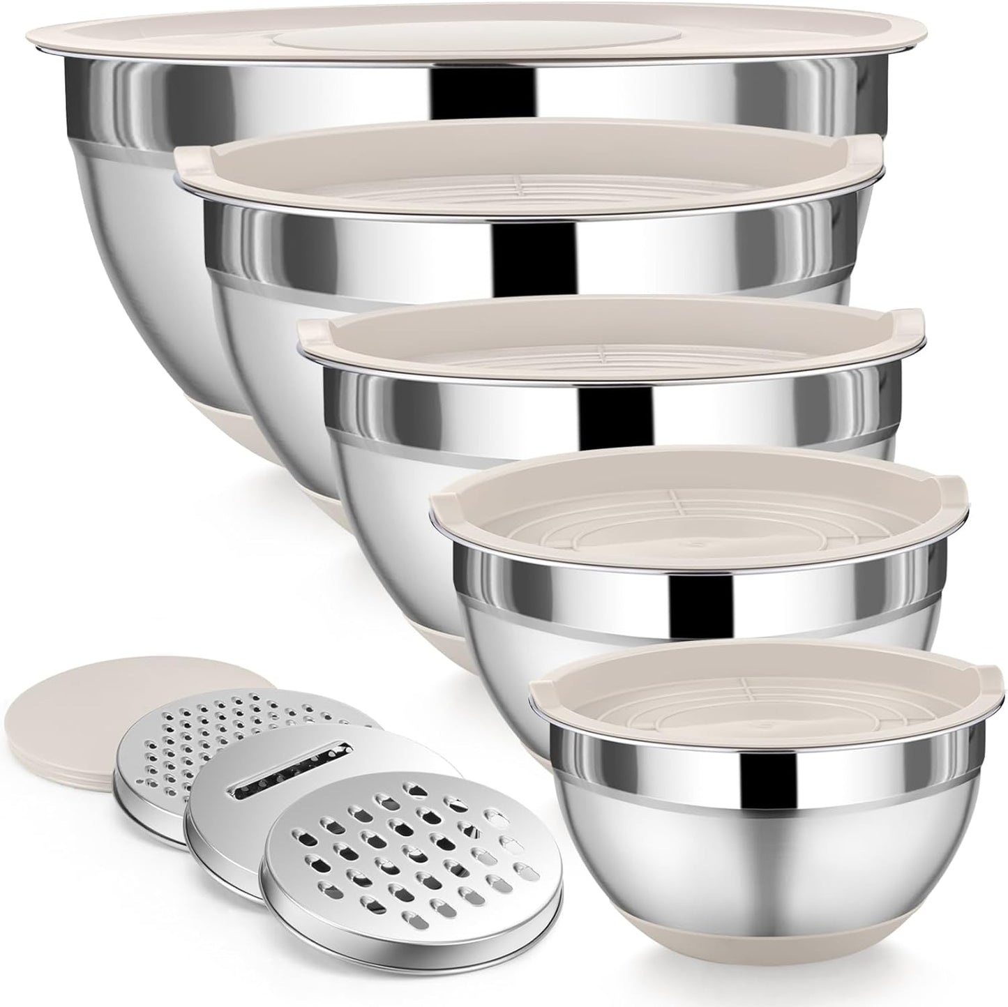 P&P CHEF Mixing Bowl with Lid Set, 5 Piece Stainless Steel Mixing Nesting Bowls for Salad Storage, 3 Grater Attachments & Non-Slip Bottoms, Size 1/1.5/2 / 2.6/4.6 QT, Black