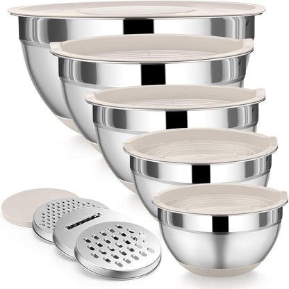 P&P CHEF Mixing Bowl with Lid Set, 5 Piece Stainless Steel Mixing Nesting Bowls for Salad Storage, 3 Grater Attachments & Non-Slip Bottoms, Size 1/1.5/2 / 2.6/4.6 QT, Black