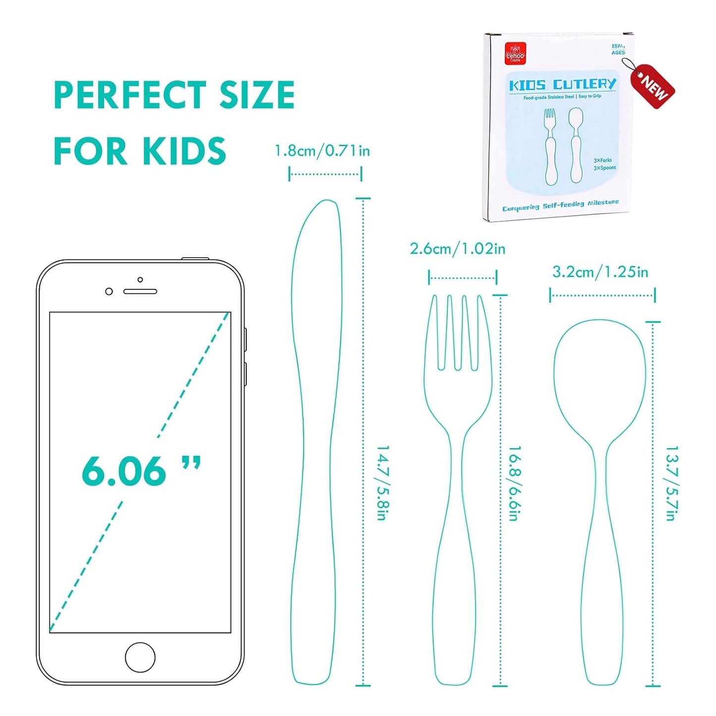 Lehoo Castle 6 Pieces Toddler Utensils, Kids Silverware for 2 3 4 Years Old, Stainless Steel Fork and Spoon Set with Plastic Handle, Safe Toddler Cutlery (Dinosaur)