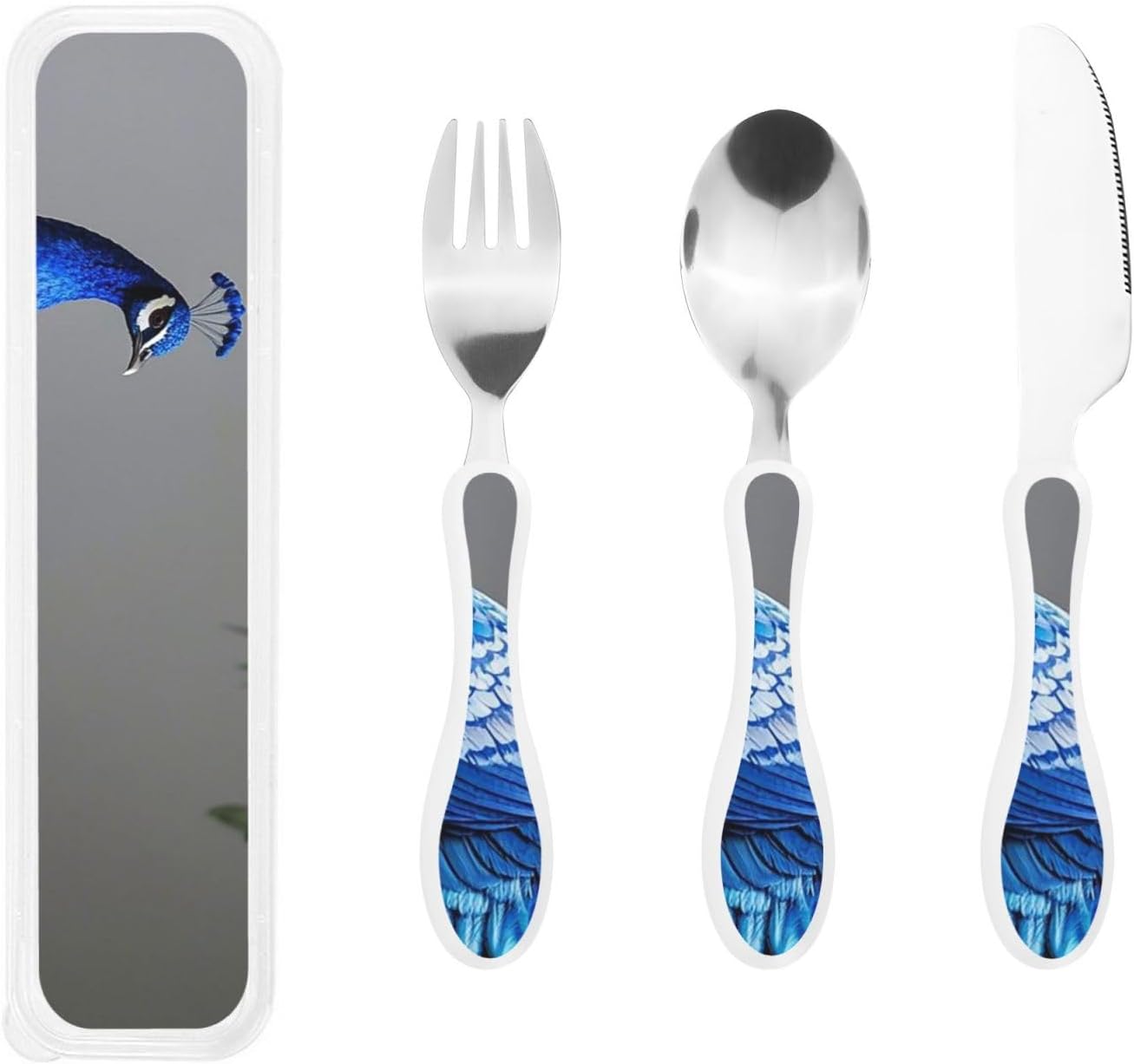 3-Piece Kids Silverware Set With Storage Case, Stainless Steel Reusable Children Safe Knife Spoon Fork Set Chinese Celadon Peacock Children Flatware Set For Kids Lunch Box