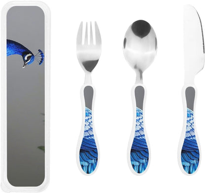 3-Piece Kids Silverware Set With Storage Case, Stainless Steel Reusable Children Safe Knife Spoon Fork Set Chinese Celadon Peacock Children Flatware Set For Kids Lunch Box