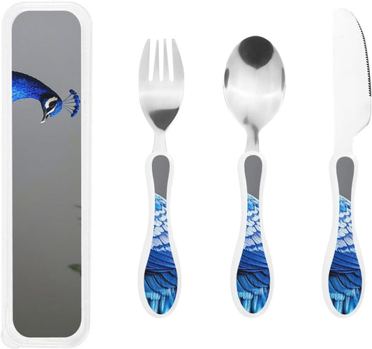 3-Piece Kids Silverware Set With Storage Case, Stainless Steel Reusable Children Safe Knife Spoon Fork Set Chinese Celadon Peacock Children Flatware Set For Kids Lunch Box