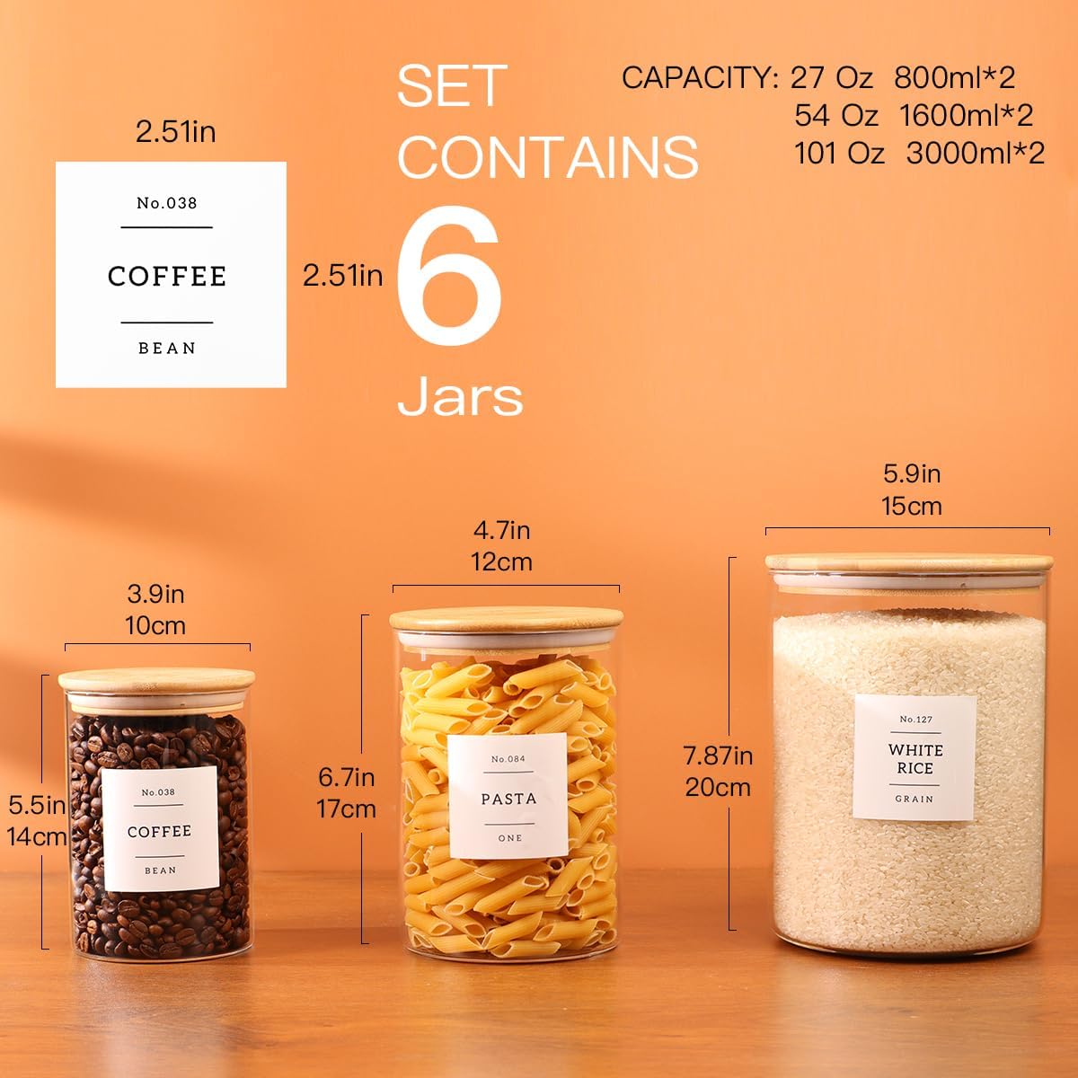 3 Pcs Glass Canisters with Airtight Bamboo Lids and 42 Kitchen Pantry Labels Preprinted - Clear Glass Flour and Sugar Storage Container Set - Large Glass Jars with Wood Lids(100 OZ/54 OZ/27 OZ)
