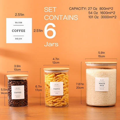 3 Pcs Glass Canisters with Airtight Bamboo Lids and 42 Kitchen Pantry Labels Preprinted - Clear Glass Flour and Sugar Storage Container Set - Large Glass Jars with Wood Lids(100 OZ/54 OZ/27 OZ)
