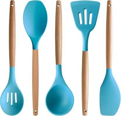 Kitchen Cooking Utensils Set, 6Pcs Silicone Kitchen Utensils Set Spatula Spoon Soup Ladle Turner, Heat Resistant Wooden Handle Silicone Cooking Gadgets for Nonstick Cookware & Baking BPA FREE