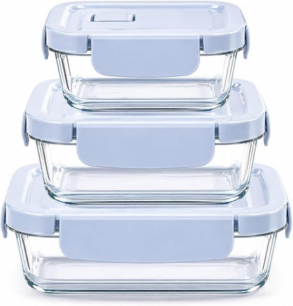 Glass Food Storage Containers with Lids, 3 Pack (14oz / 24oz / 36oz), Glass Meal Prep Containers, Airtight & Leak Proof Bento Boxes, Microwave Oven Freezer Safe Kitchen Storage Containers