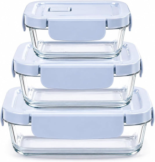 Glass Food Storage Containers with Lids, 3 Pack (14oz / 24oz / 36oz), Glass Meal Prep Containers, Airtight & Leak Proof Bento Boxes, Microwave Oven Freezer Safe Kitchen Storage Containers