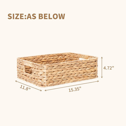 YAHUAN Pantry Basket, Water Hyacinth Storage Basket with Handles Shallow Basket for Organizing, Shelves, Pantry Organizers and Storage, 15.35"L x 11.8"W x 4.72"H (Brown)