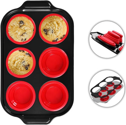 Silicone Muffin Pan for Baking, Non-stick 6 Cup Cupcake Pan with Reinforced Metal Frame, BPA Free, Dishwasher Safe, Oven Safe, Easy Release (Red)