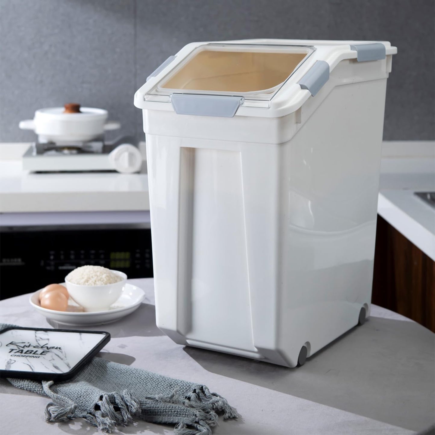 HANAMYA 32.5 Liter / 35 lbs Pet Food Storage Container with Measuring Cup, BPA free, For Dog Food | Cat Food | Rice | Grain | Flour, White & Gray, 1 count