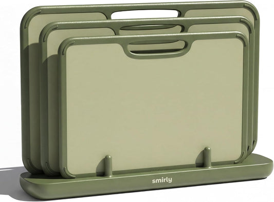 SMIRLY Plastic Cutting Board Set with Holder, Non-Slip Chopping Boards for Kitchen, Dishwasher Safe, Essential Kitchen Gadgets, 3 Pack, Green