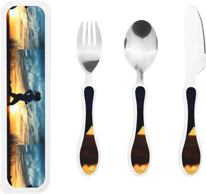 3-Piece Kids Silverware Set With Storage Case, Stainless Steel Reusable Children Safe Knife Spoon Fork Set Blue Active Girl Running Sunset Children Flatware Set For Kids Lunch Box - Colors B
