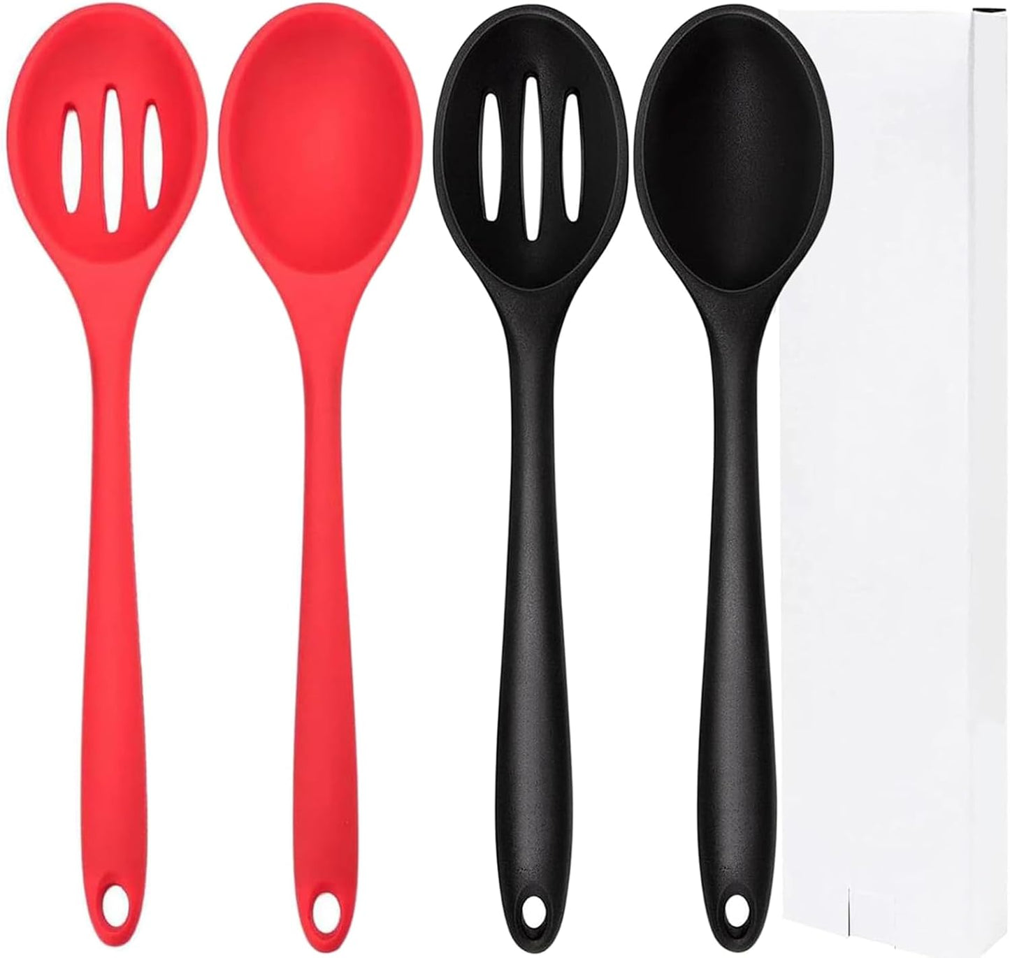 Silicone Cooking Spoon, Nonstick Kitchen Spoons Set for Cooking,Slotted and Solid Serving Spoon Heat Resistant, Silicone Mixing Basting Stirring Spoons for Nonstick Cookware 4 Pack (Black)