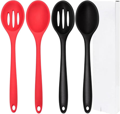 Silicone Cooking Spoon, Nonstick Kitchen Spoons Set for Cooking,Slotted and Solid Serving Spoon Heat Resistant, Silicone Mixing Basting Stirring Spoons for Nonstick Cookware 4 Pack (Black)