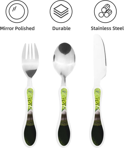 3-Piece Kids Silverware Set With Storage Case, Stainless Steel Reusable Children Safe Knife Spoon Fork Set Blue Lotus Floral Children Flatware Set For Kids Lunch Box