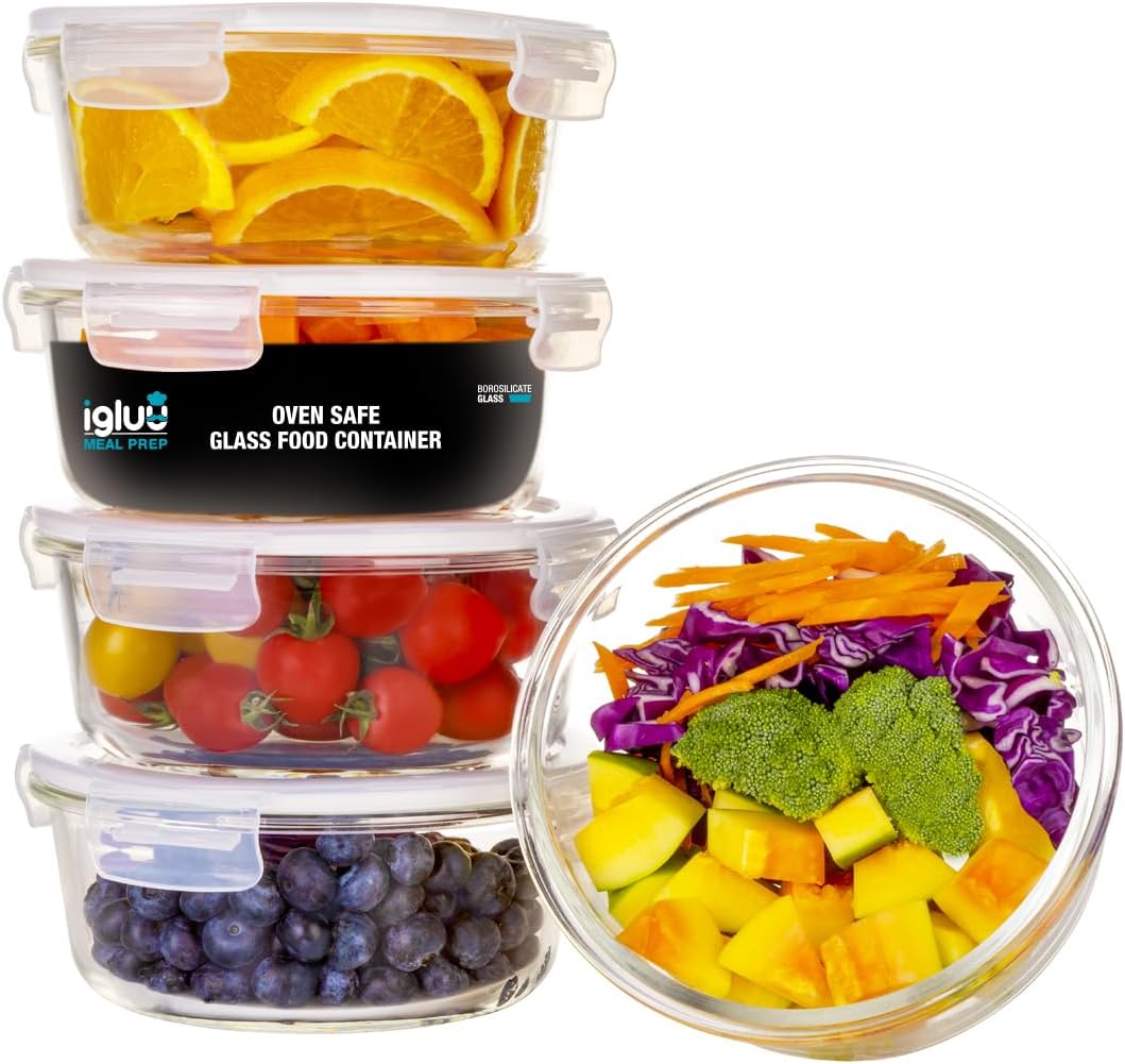 Igluu Meal Prep Glass Containers with Air Vent Lids (5 Pack+Extra Lid) – Airtight & BPA-Free – Oven, Microwave, Freezer and Dishwasher Safe – 28oz – Durable Borosilicate Glass