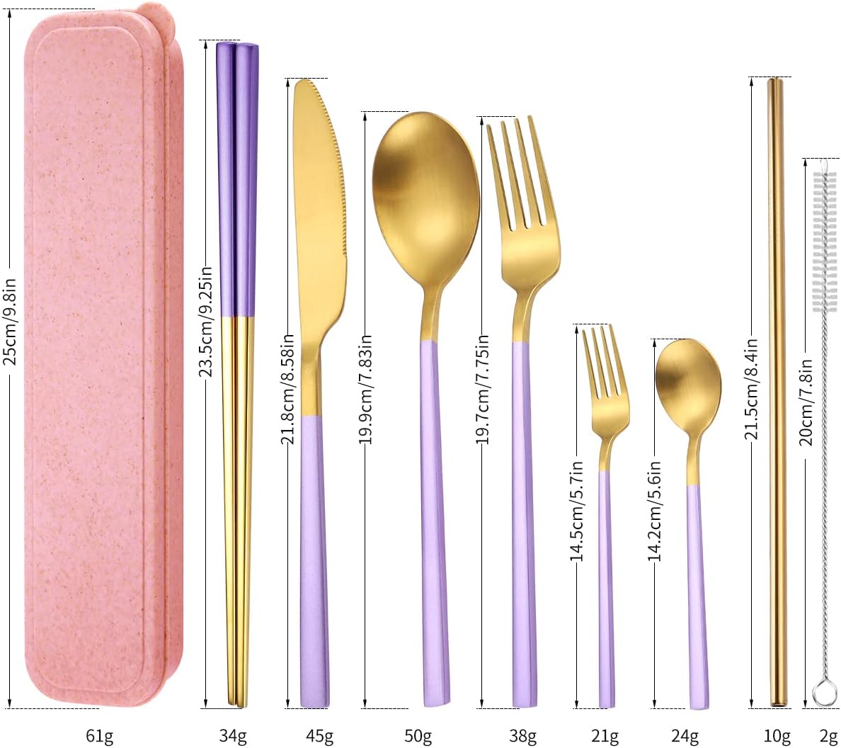 AARAINBOW 8 Pieces Stainless Steel Flatware Set Portable Reusable Cutlery Set Travel Utensils Set Including Chopsticks Knife Fork Spoon Straws Cleaning Brush Dishwasher Safe (Pink Golden)