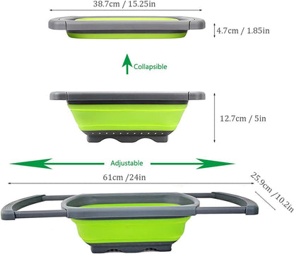 Collapsible Over-the-Sink Strainer - Expandable Colander with Extendable Handles, Space-Saving Kitchen Colander, Silicone Sink Strainer Basket, Adjustable Food Strainer, Dishwasher-Safe Colander