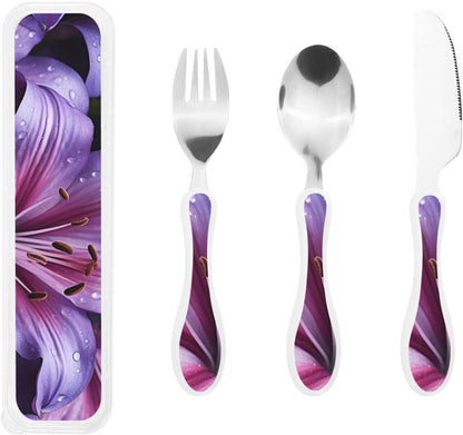 3-Piece Kids Silverware Set With Storage Case, Stainless Steel Reusable Children Safe Knife Spoon Fork Set Blue Active Girl Running Sunset Children Flatware Set For Kids Lunch Box - Colors B