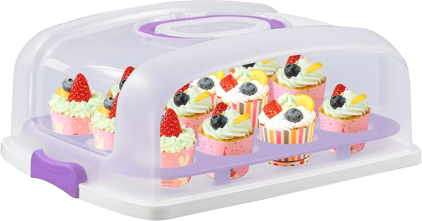 2in1 Cupcake Carrier and Cake Keeper with Lid, Rectangle Pie Carrier,Large Portable Storage Container for Storing 12 Cupcakes or 1 Large Cake (Blue)