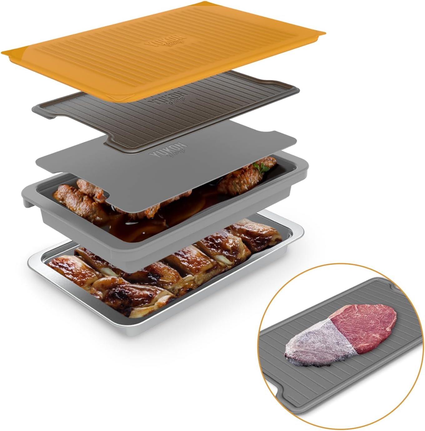 PREP ‘N Serve Premium Set™ - Plastic Container with Lid for Marinades, Stainless Steel Serving Tray, Aluminum Defrosting Tray, and a Plastic Cutting Board - the Ultimate BBQ Food Prep Utensil Set