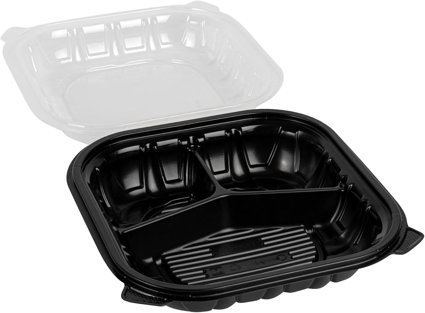 Thermo Tek 40 Ounce Clamshell Containers, 50 Disposable Take Out Boxes - 3 Compartments, Ventilated Lids, Black Plastic Meal Prep Containers, Microwavable, For Pasta Or Salads - Restaurantware