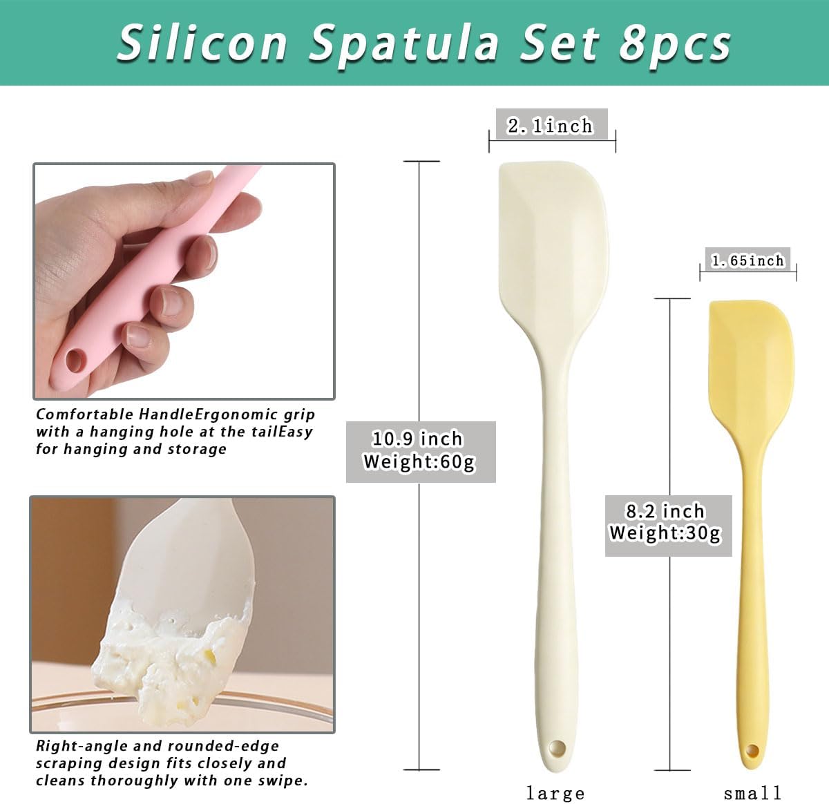 4 PCS Silicone Spatula,Rubber Spatula with Stainless Steel Core11 Inch Non-scratch Baking Cooking 8Inch Spatula Set Flexible Heat Resistant (Black)