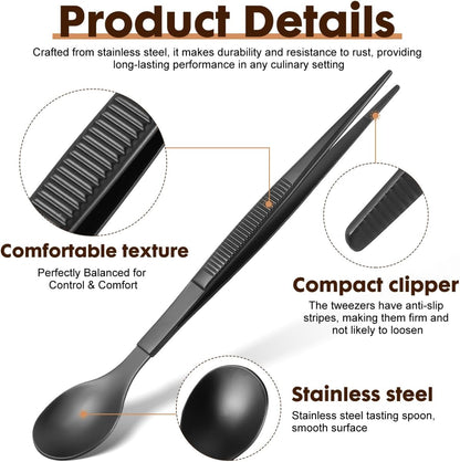 Tasting Spoon with Tweezer, 2 in 1 Stainless Steel Chef Spoon Serving Tongs, Professional Chef Tool for Cooking Plating Buffet Banquet Barbecue Grilling Appetizer, Multi