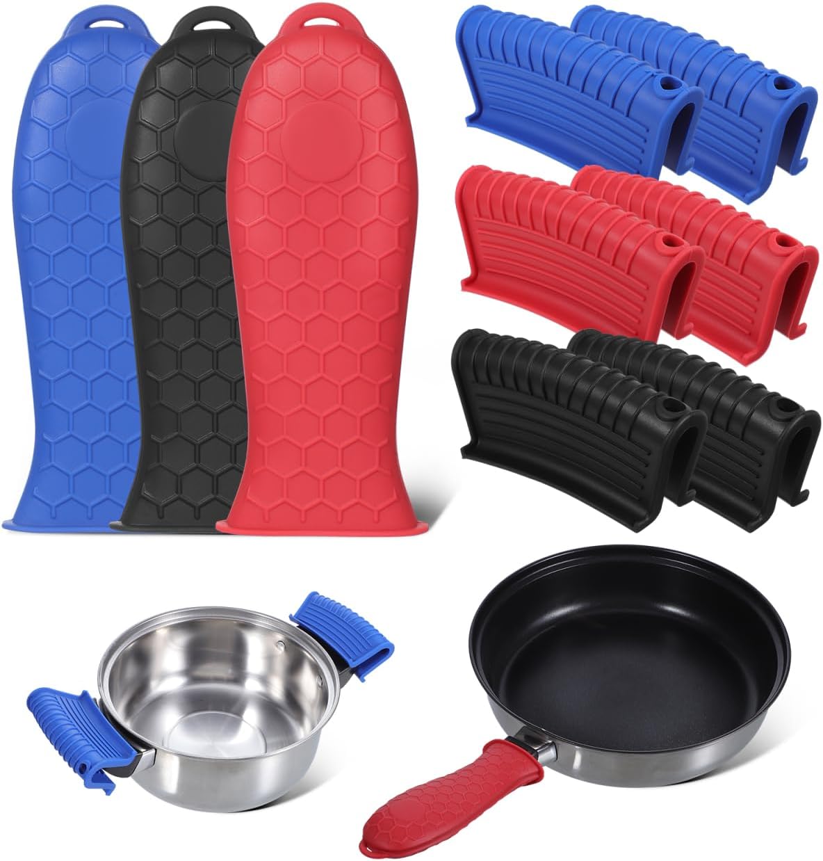 OUNONA Silicone Pot Handle Grips Set - Heat Resistant Non-Slip Covers for Cast Iron Skillets and Cookware Handles with Honeycomb Texture - Easy to Install and Clean Fits Various Pots and Pans