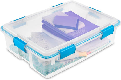 Sterilite 80 Qt Gasket Box, Stackable Storage Bin with Latching Lid and Tight Seal, Plastic Container to Organize Basement, Clear Base and Lid, 1-Pack