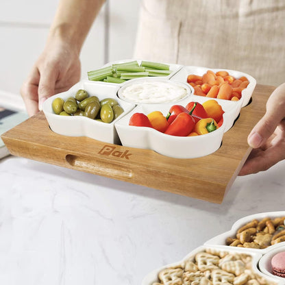 Pak Acacia Wood Serving Tray, 12" Square, Natural Brown & White, 5-Piece Set, Dishwasher Safe, Freezer & Microwave Safe, Perfect for Appetizer, Veggie, Taco, Fruit Platter