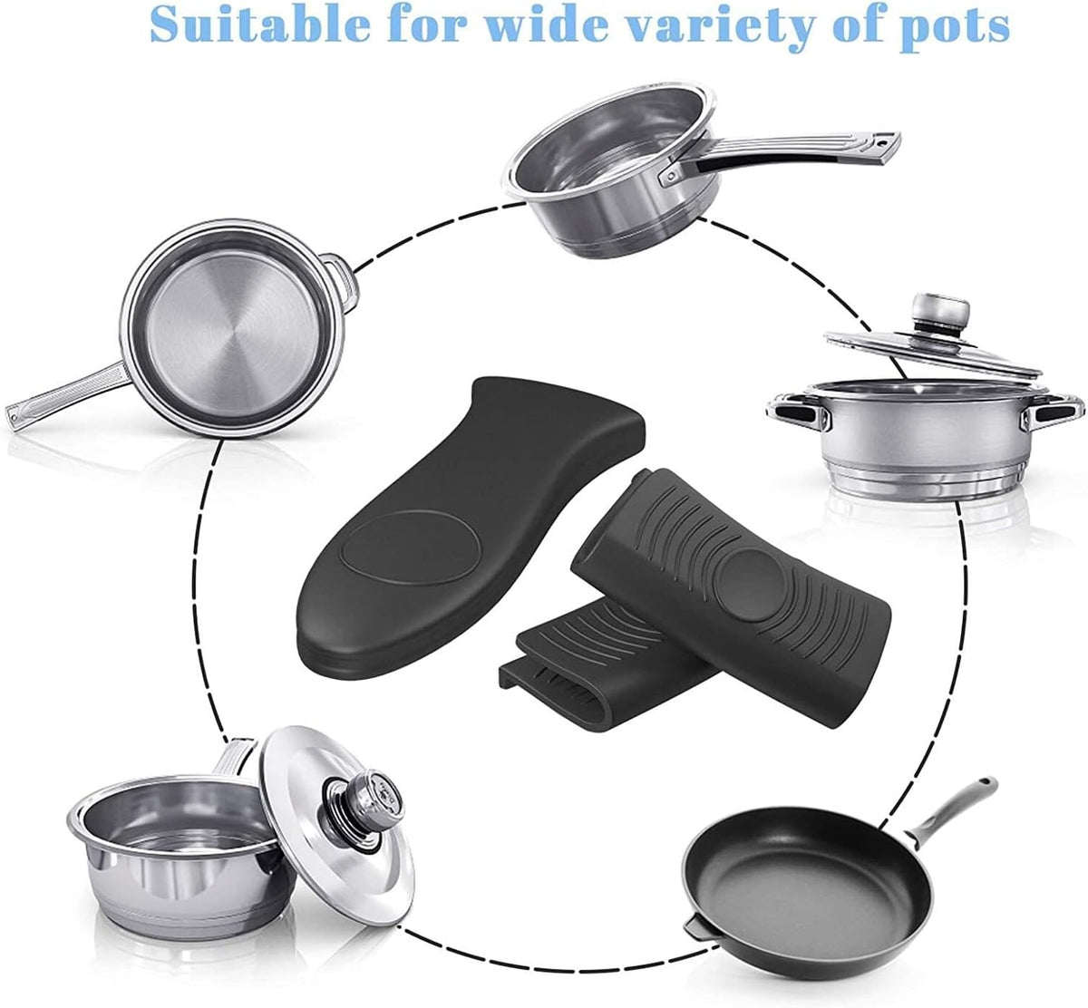 4 Pack Silicone Hot Skillet Handle Holder and Pot Holders Cover Sleeve, Heat Resistant Cast Iron Potholder Protectors Grip, Anti-Spill Non-Slip Cookware Handles for Pans,Oven (Black)
