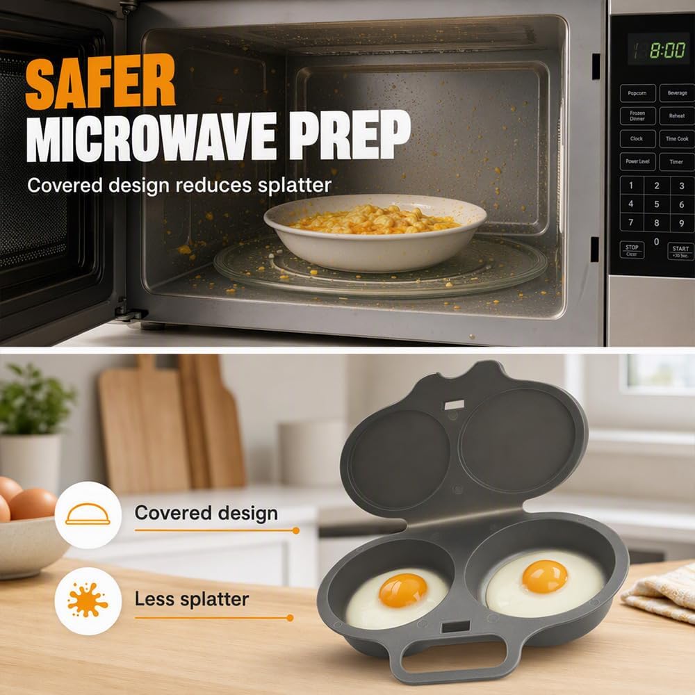 2 Pack Dual Cavity Microwave Egg Poacher with Lid & Handle，Black