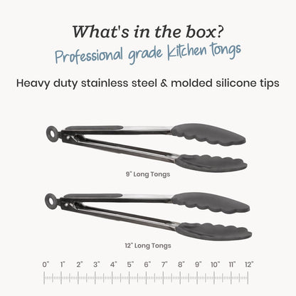 Starpack Get a Grip Silicone Kitchen Tongs (2-Pack, 9" + 12") - LFGB Non Toxic, 600°F Heat Resistant, BPA-Free - Heavy-Duty Stainless Steel, Locking - Dishwasher Safe for Nonstick Cookware