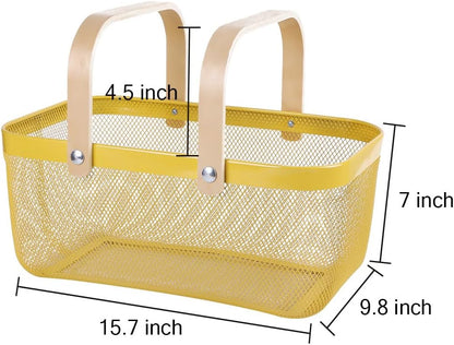 Portable Mesh Harvest Basket - Natural Bamboo Handle Foldable Organizer for Kitchen, Garden & Picnic | Ventilated Storage Bin with Rust-Proof Wire, Space-Saving Farmhouse Decor (Pink)