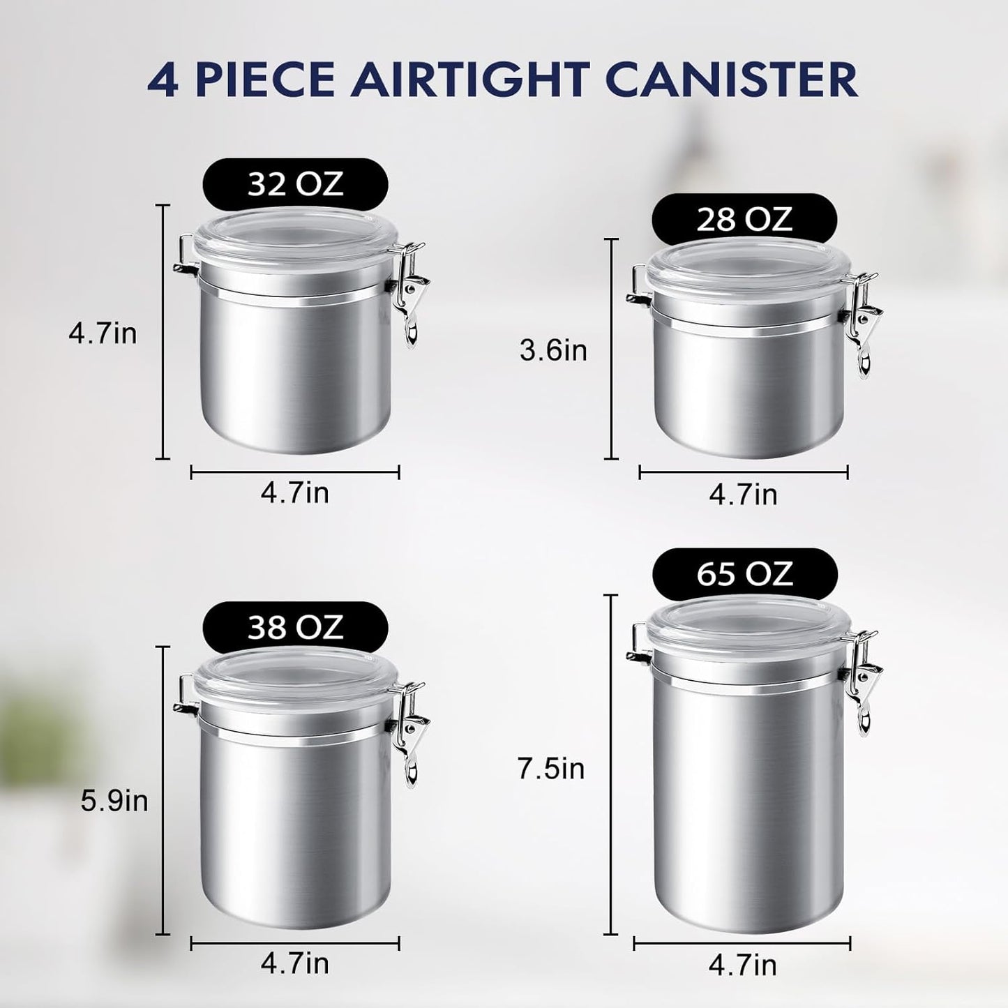ENLOY 165oz Stainless Steel Airtight Canister for Kitchen, Large Flour Coffee Bean Tea Cereal Sugar Cookie Metal Food Storage Canisters with Clear Lid and Sturdy Locking Clamp (7.7 * 7.7 * 8.4in)