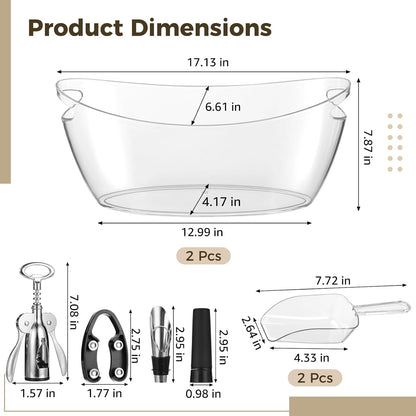 2-Pack Ice Buckets For Parties with Scoops, Tongs, Wine Opener, Wine Stoppers, 5.5L Acrylic Ice Bucket, Champagne Bucket, wine buckets for parties, Easy-Carry Handle, Ideal for Bars, Parties, Home Use
