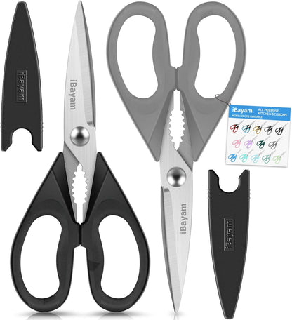 iBayam 2 Pack All Purpose Kitchen Shears Heavy Duty - Stainless Steel Kitchen Scissors With Protective Sheath, Soft Comfort-Grip Handle, Food & Meat Scissors, Home, Kitchen, Dining Utility Gadgets