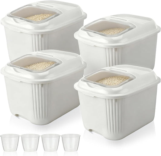 Blushtier 4 Pack Sugar Storage Containers Flour Bin with Wheels Large Pet Dog Food Storage Boxes Measuring Cup Sealed Transparent Flip Lid Portable Household Rice Container Set(20 Lbs)